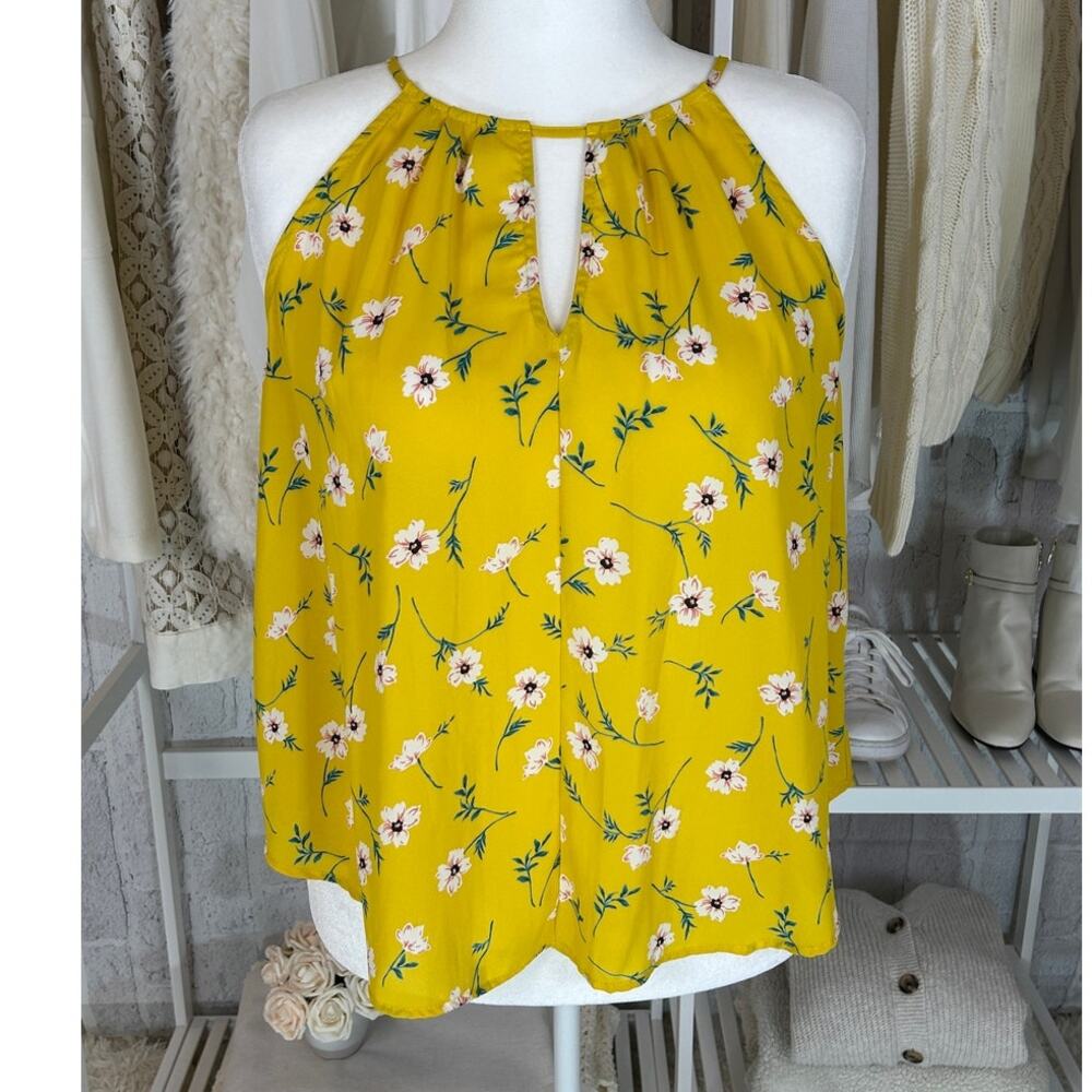 Blue Rain Women's Size L Yellow Floral Keyhole Halter Top Blouse #0348